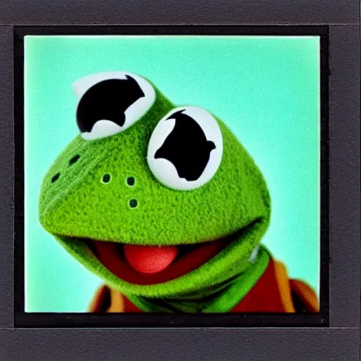 Image similar to Kermit the frog dressed as a Jedi, with green lightsaber, polaroid photo, instax, white frame, by Warhol,