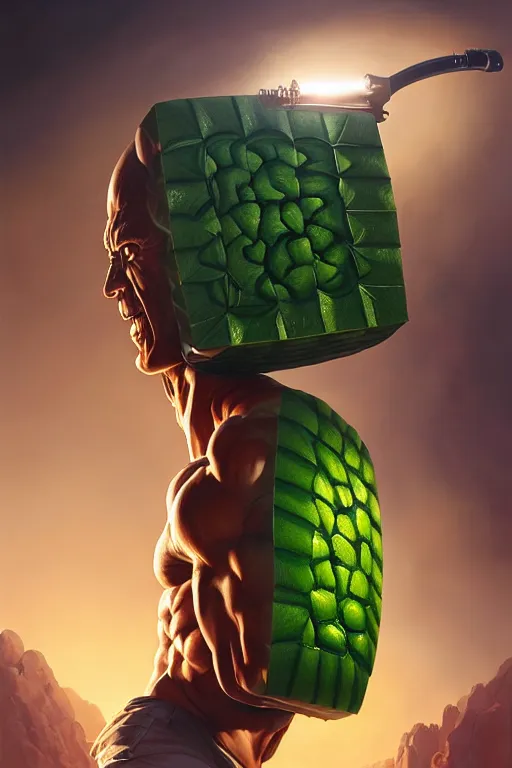 Prompt: a square watermelon arnold schwarzenegger face, hyper detailed, digital art, artstation, cinematic lighting, studio quality, smooth render, by peter mohrbacher, hajime sorayama, wayne barlowe, boris vallejo, aaron horkey, gaston bussiere, craig mullins