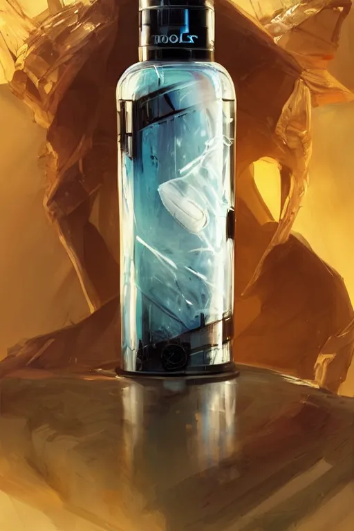 Image similar to concept art of a rolex - star wars white iridescent liquid dietary supplement in a transparent bottle with big black sticker on it by aenaluck, artgerm and roberto ferri and greg rutkowski, blue and white tones, digital painting, artstation, concept art, smooth, sharp foccus ilustration hq