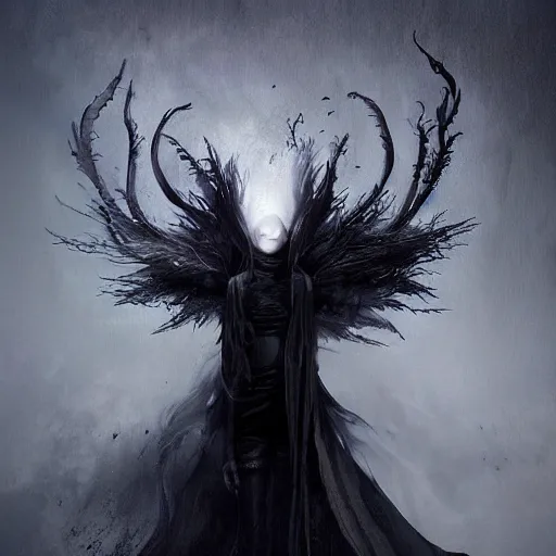 Image similar to 3 d rendered digital art by bastien lecouffe deharme of a eldritch wraith, black spidery mist, billowing shadows and black feathers, black halo nimbus, devils horns, dante's inferno, 8 k dop dof