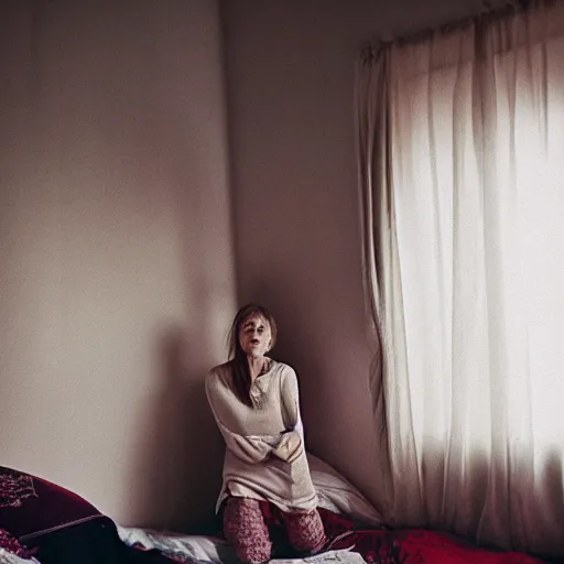 Woman wearing bra and panties looking through the window of her bedroom  stock photo - OFFSET