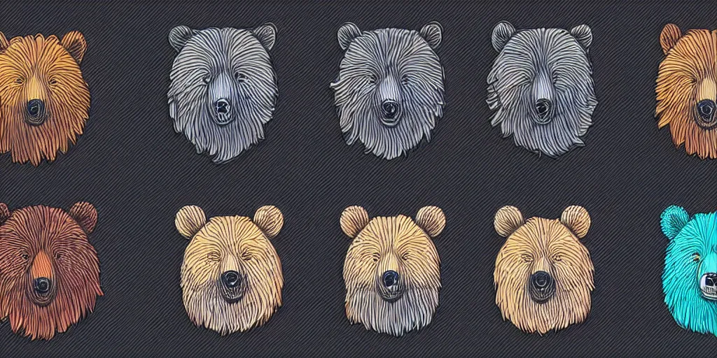 Prompt: game asset of unique bear heads on black background, organic, disney animation color palette, smooth vector lines, toon shading, 5 colors, solid colors, flat 2 d design, 2 d sprites, 8 k, close up