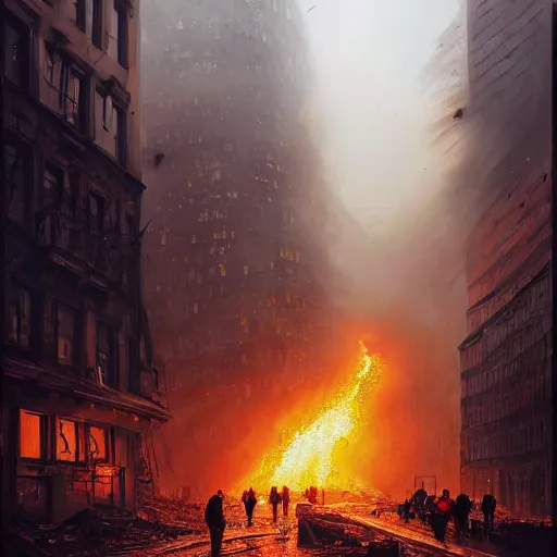 Image similar to city of munich destroyed by a meteor!!!, rubble!!, fires!!, jewish bankers running away in panic!!!, hyperrealistic, highly detailed, cinematic, foggy light from fires, beautiful, cgssociety, artstation, 8 k, oil painting by greg rutkowski, by artgerm, by wlop