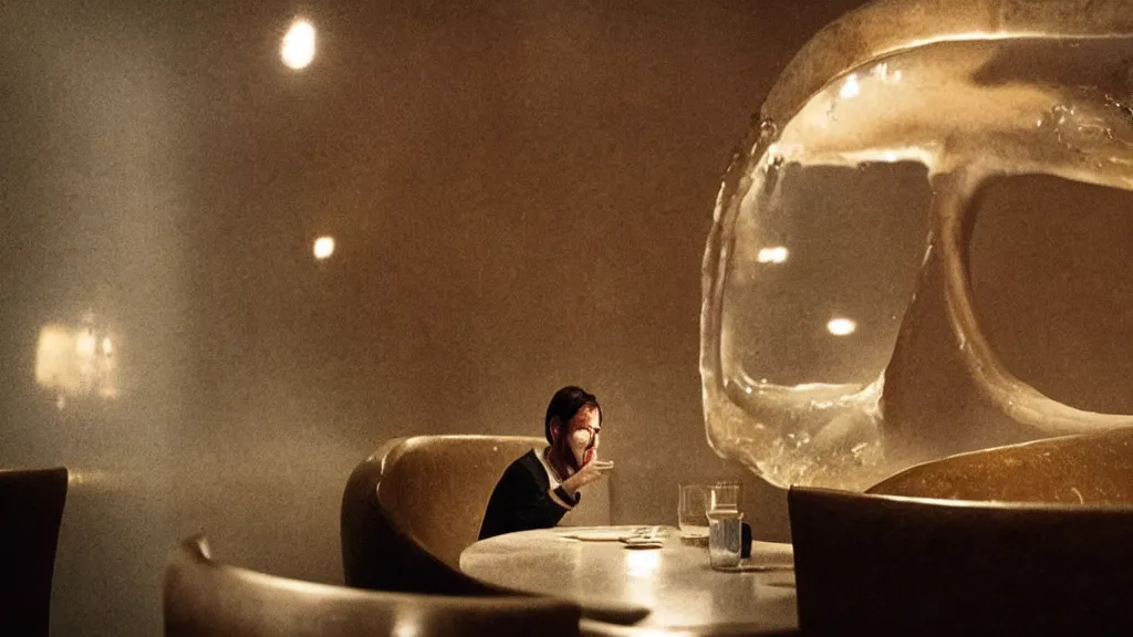 Image similar to the giant nose in the restaurant, made of water, film still from the movie directed by Denis Villeneuve with art direction by Salvador Dalí, wide lens