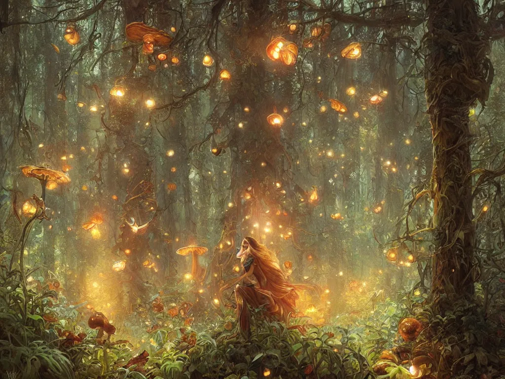 Prompt: Painting of a fantasy forest with mushrooms and fireflies, intricate, wild, highly detailed, digital painting, artstation, concept art, smooth, sharp focus, illustration, art by artgerm and greg rutkowski and alphonse mucha