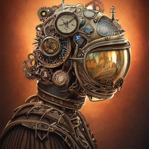 Prompt: dan mumford tom bagshaw, dream world curiosities carnival flying, photorealistic octane render of a single very beautiful helmet full long steampunk metallic armored ornate, partial symmetry accurate features, focus, very intricate ultrafine details, award winning masterpiece, steampunk world