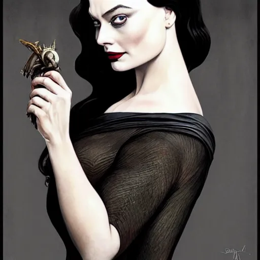 Image similar to margot robbie as morticia addams, masterpiece, intricate, elegant, highly detailed, digital painting, artstation, concept art, smooth, sharp focus, illustration, art by artgerm and greg rutkowski and alphonse mucha and uang guangjian and gil elvgren and sachin teng, symmetry!!