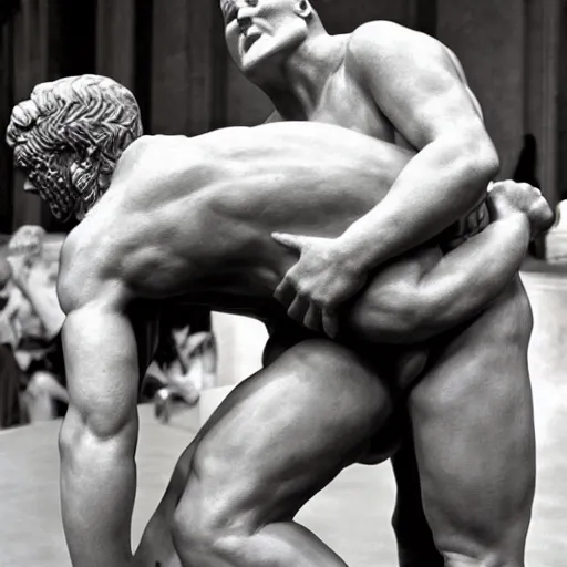 Prompt: conan o'brien and andy richter wrestling, by rodin, marble