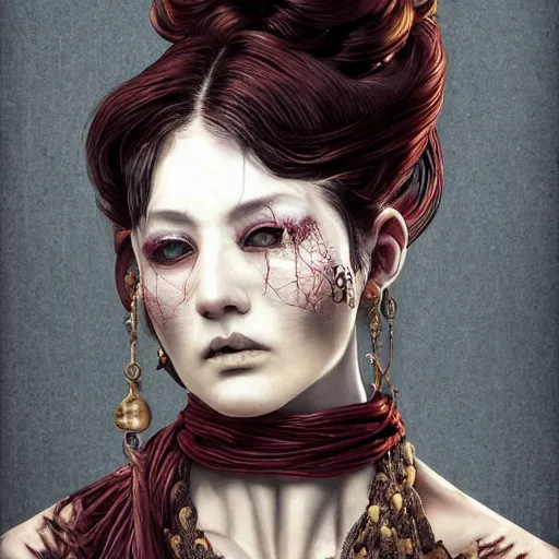 Image similar to portrait of a Shibari rope wrapped face and neck, headshot, insanely nice professional hair style, dramatic hair color, digital painting, of a old 15th century, roman gladiatorr, amber jewels, baroque, ornate clothing, scifi, realistic, hyperdetailed, chiaroscuro, concept art, art by Franz Hals and Jon Foster and Ayami Kojima and Amano and Karol Bak,