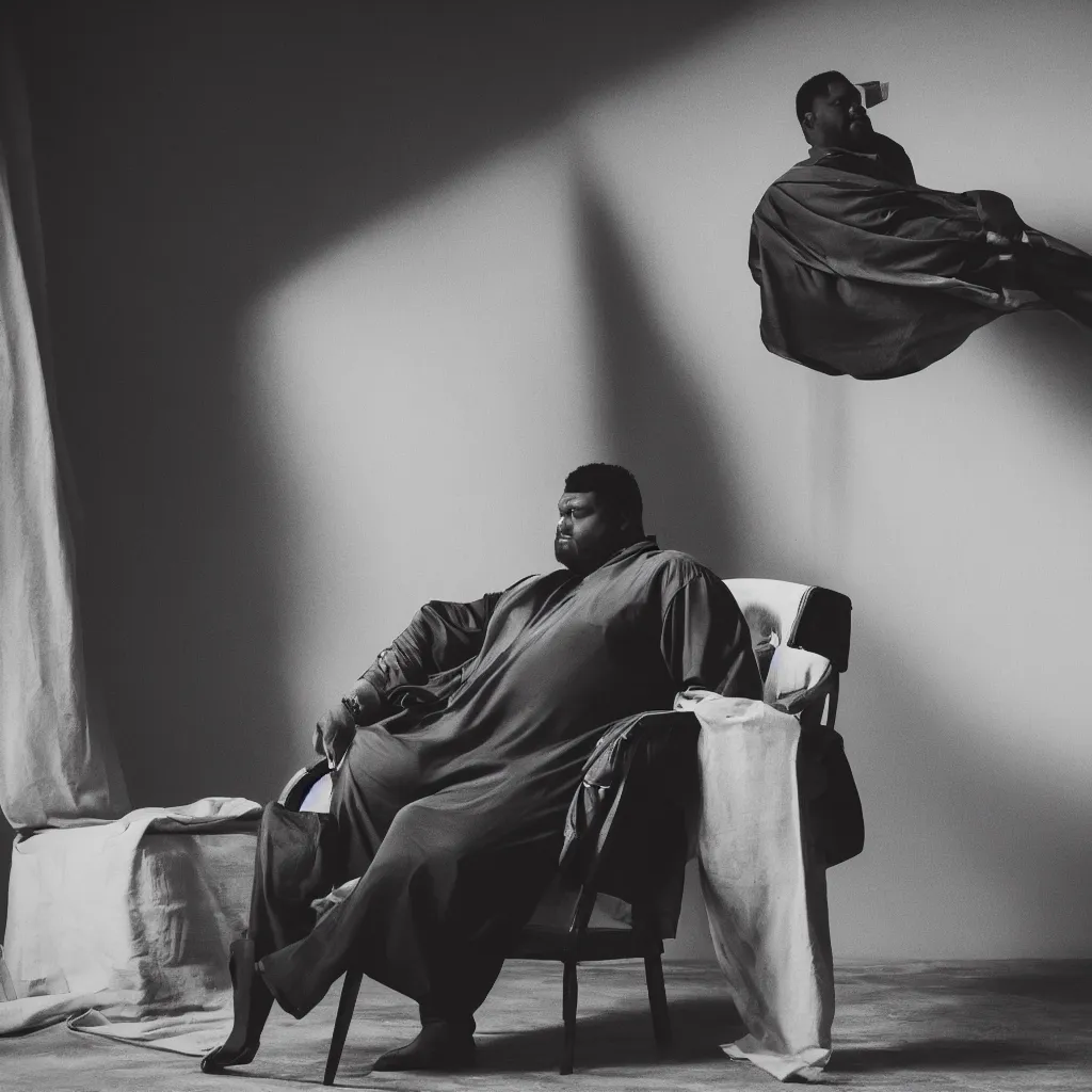 Prompt: one Large black man sitting on chair in front of background made of large folding silky curtains, dark, 8K photo realistic, black and white color, dimly lit, top light, dark