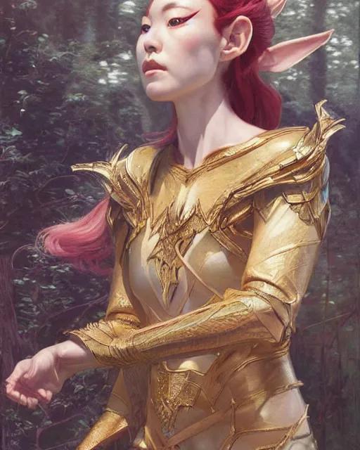 Image similar to onri akita as a beautiful elf queen, oil painting, by Edgar Maxence and Ross Tran and Michael Whelan