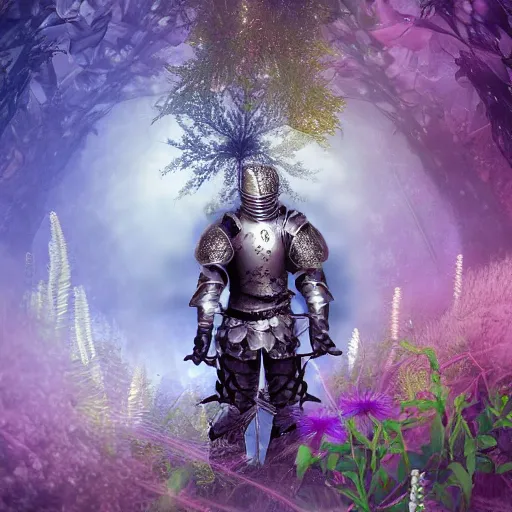 Image similar to a male knight, stern face, clear eyes, in a dark forest, shining armour made of steel and flowers, and fractal flowery hair in a fractal garden, glowing delicate flower, berries and ferns that grow in a dark fantasy forest, clear face, peaceful face, half figure shot,