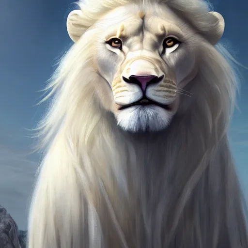 Image similar to a beautfiul aesthetic commission portrait of a anthro albino lion looking at the sky worried,attractive beautiful face,detailes face,expression,natural lighting,fantasy art,deviantart,artstation,character design by charles bowater,ross tran,4k,photorealistic,heaven-like,greg rutkowski