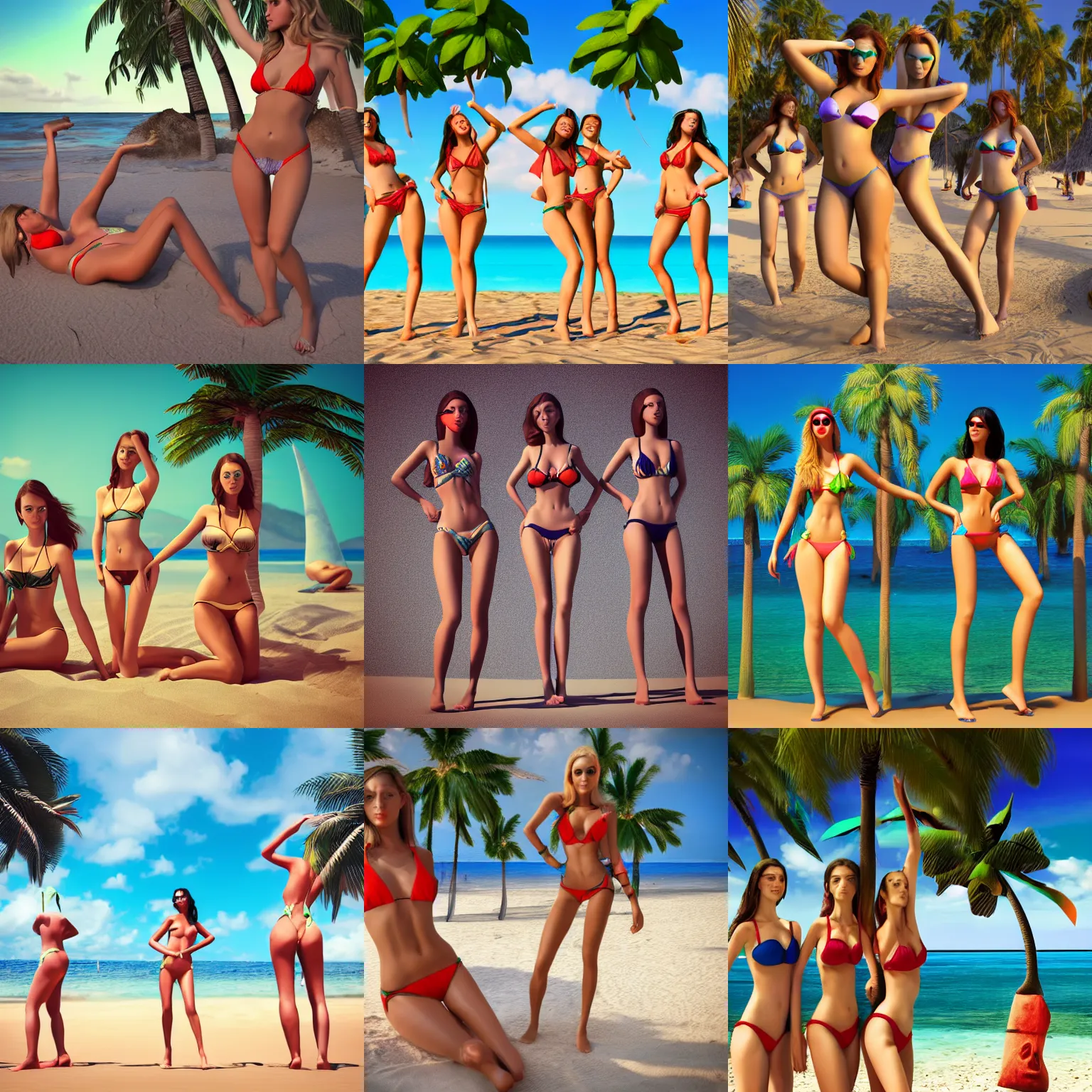 Prompt: extremely attractive bikini girls in guernica picasso style on a beach with palm trees 3 d render octane art station digital art