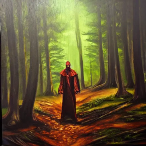 Image similar to warlock in the forest, realistic oil painting, dark light