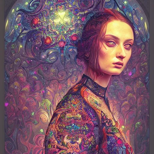 Prompt: portrait of sophie turner, hyper detailed masterpiece, neon floral pattern, jean giraud, digital art painting, darkwave goth aesthetic, psychedelic, artgerm, donato giancola and tom bagshaw