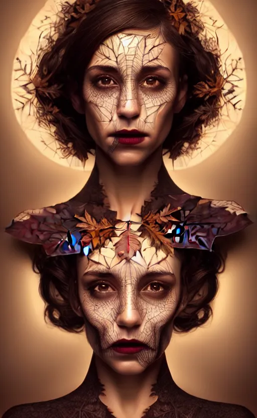 Prompt: gorgeous stella maeve magician, realistic character concept, overhead shot, drone shot, elegant pose, spooky, illustration, symmetrical face and body, cinematic lighting, detailed realistic symmetrical eyes, 8 k, joshua middleton, artgerm, tom bagshaw, single face, insanely detailed and intricate elegant, autumn leaves