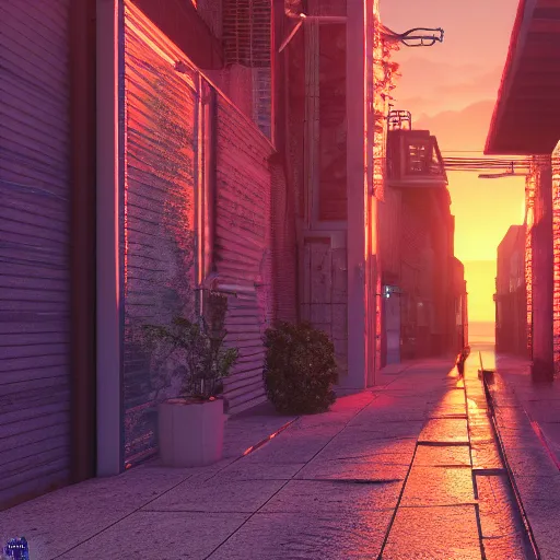 Image similar to ultradetailed 8 k hd octane render of a cyberpunk alleyway at sunset