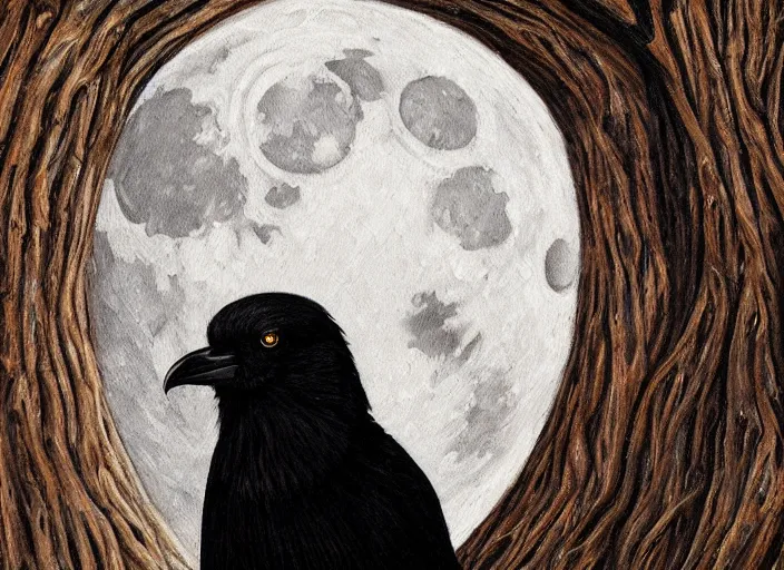 Image similar to a hyper-detailed oil portrait of a crow on a tree in front of the full big moon; an extraordinary masterpiece!!!; flawless; proud posture; photorealistic eyes; trending on artstation; f/1.4; 90mm