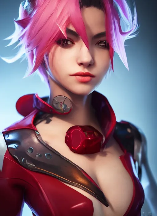 Image similar to vi from arcane, artstation, octane render, by wlop, fortiche, league of legends, fighter, cool red jacket, tattoo, beautiful, 3 d, potrait, art staion, studio light, closeup shot