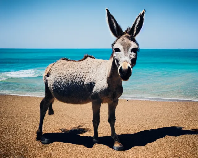 Image similar to realistic photo of a donkey sunbathing at the beach, 8k resolution