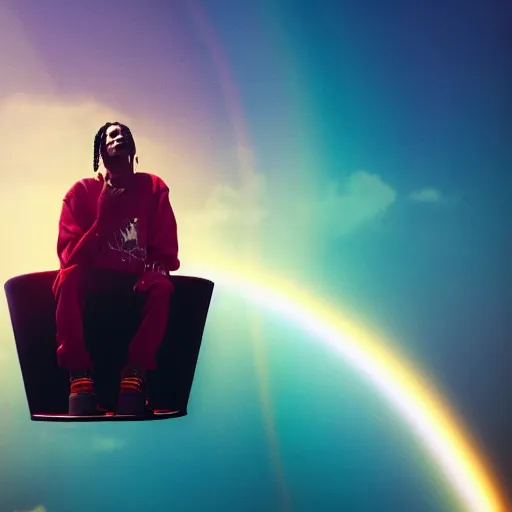 Image similar to Travis Scott sitting on a chair floating over Earth, 4k, Aubrey Powell, vintage photo, lens flare, beautiful cinematography, rainbow, surreal, film grain