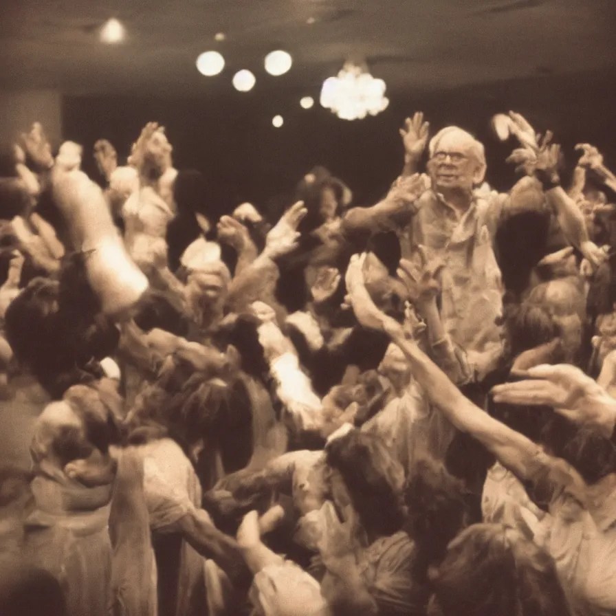 Image similar to 7 0 s movie still of an old man drowning in a soviet ballroom full of hands, cinestill 8 0 0 t 3 5 mm, heavy grain, high quality, high detail