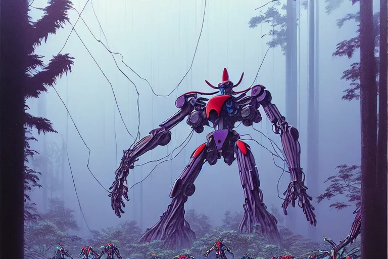 Prompt: lots of glass details, a lot of exotic vegetation, trees, flowers, dull colors, gigantic massive evangelion - like mech staying in the foggy huge forest covered with web and cotton, by moebius, hyperrealism, intricate detailed, risograph