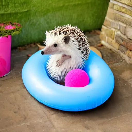 Image similar to a hedgehog sitting on top of an inflatable unicorn bathing toy