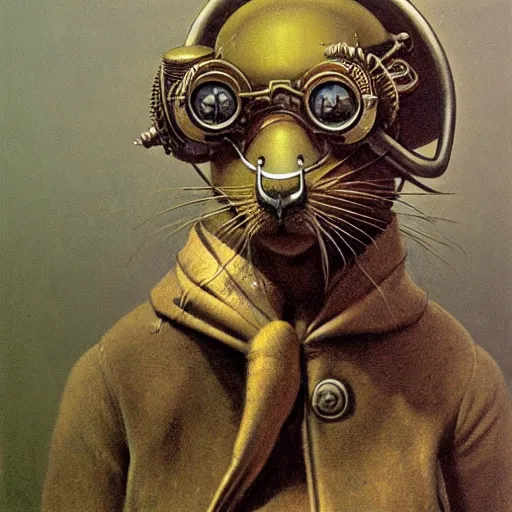 Image similar to a rat with steampunk googles, by Zdzisław Beksiński