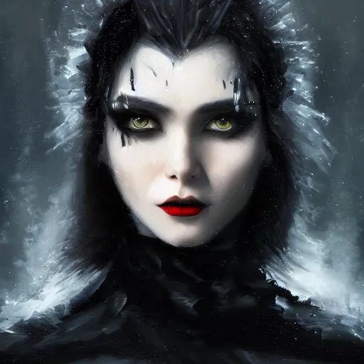 Prompt: furious dark haired women, wearing black coat, black makeup, ice mage, shooting ice, oil painting, fantasy artwork, fantastic artwork, 4 k, trending on artstation