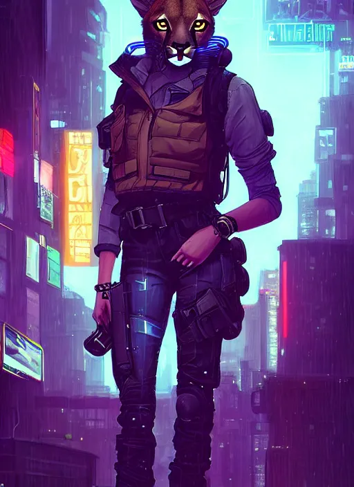 Image similar to beautiful portrait commission of a female furry anthro mountain lion wearing a bullet proof vest and cargo pants. Cyberpunk city at night in the rain. Neon light. Atmospheric. Character design by charlie bowater, ross tran, artgerm, and makoto shinkai, detailed, inked, western comic book art