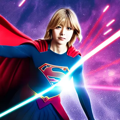 Prompt: anime visual of supergirl, shooting laser from its eyes, official media