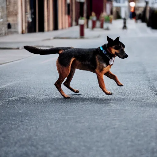 Prompt: high quality photo of a bipedal dog walking down the street, artistic