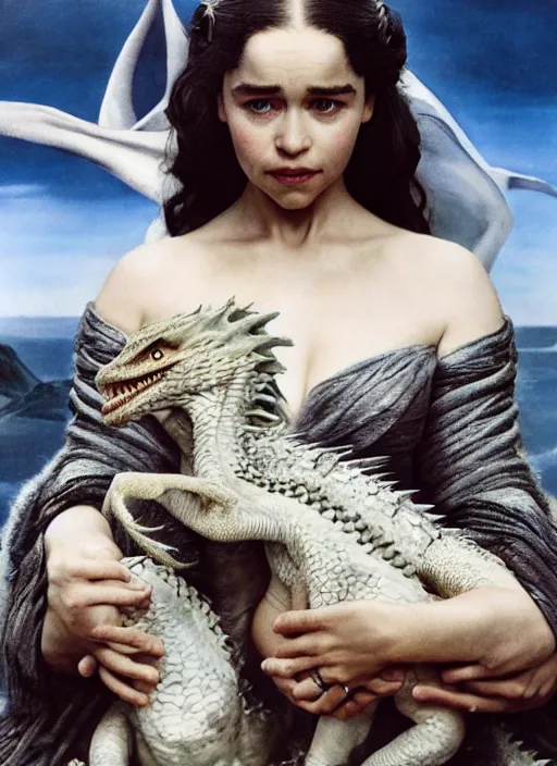 Prompt: emilia clarke as queen daenerys stormborn with her dragon babies, by salvador dali, detailed matte painting, 8 k resolution