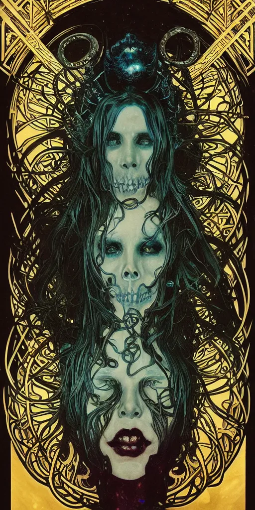 Prompt: intense glowing pagan black metal god with horns and tentacles and intense glowing eyes and a skull in very dark cosmic space by alphonse mucha and karol bak and artgerm and beksinski, portrait, fantasy, clear, light beams, lens flare, intense, uhd, amazing depth, cinematic lighting, gold and black and teal