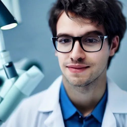 Prompt: cute male scientist with soft face, long hair, glasses, realistic, photo HD