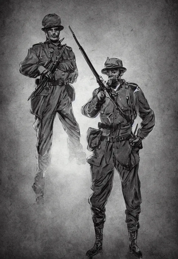 Image similar to 1 9 0 0 s soldier holding a rifle. 5 0 s comic book. warm moody evening light dramatic light. comic book illustration