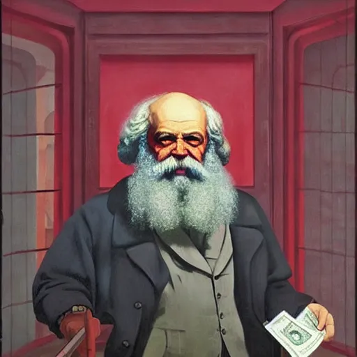 Prompt: Karl marx holding lot of money he wants to get rich, highly detailed, very coherent, painted by Francis Bacon and Edward Hopper, Wayne Barlowe, painted by James Gilleard, surrealism, airbrush, art by JamesJean