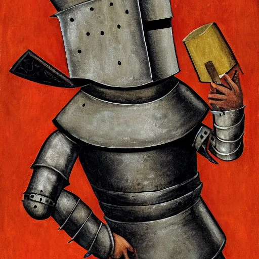 Prompt: one - armed medieval armored knight with bucket on his head, painting