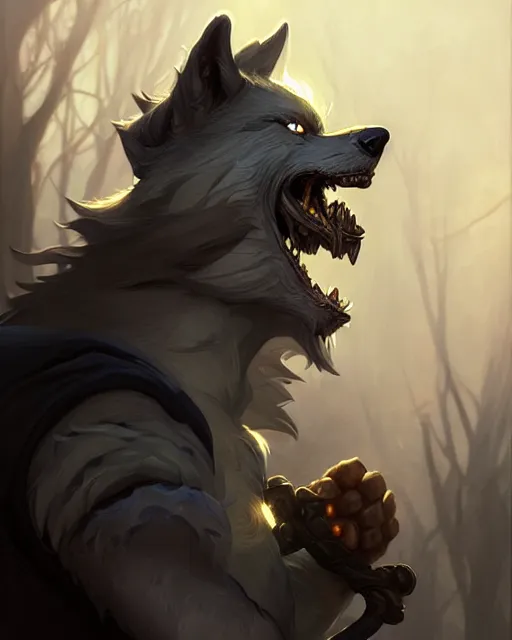 Prompt: gray werewolf, backlight, rim lighting, deep focus, d & d, fantasy, intricate, elegant, highly detailed, digital painting, artstation, concept art, matte, sharp focus, illustration, hearthstone, art by artgerm and greg rutkowski and alphonse mucha