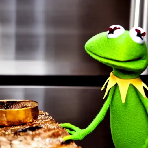 Prompt: Kermit the frog as the chef in a high end restaurant kitchen expensive gourmet fancy Michelin photo 4k journalism