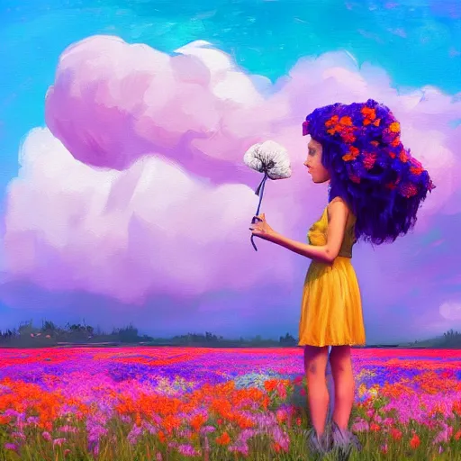 Image similar to girl with a giant carnation head, surreal photography, flower field, sunset dramatic light, impressionist painting, colorful clouds, blue sky, digital painting, artstation, simon stalenhag