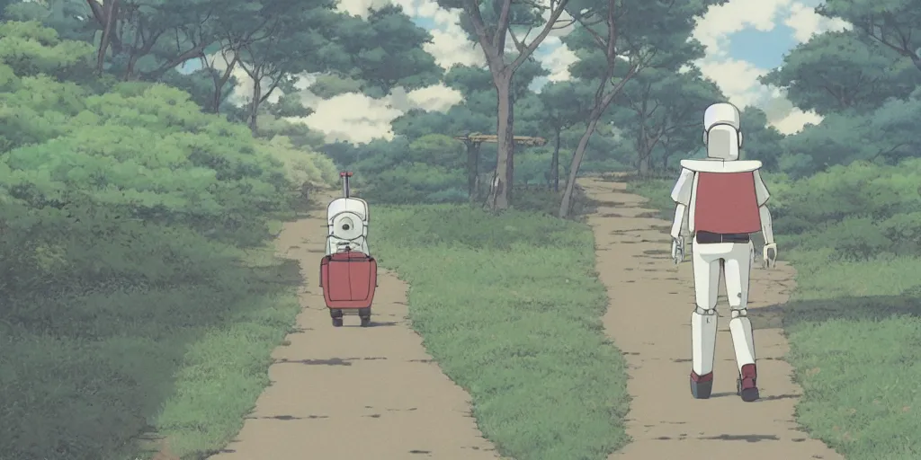 Image similar to A robotic pilgrim with very long legs walking along an empty path, anime style, art by Hayao Miyazaki, art by Studio Ghibli