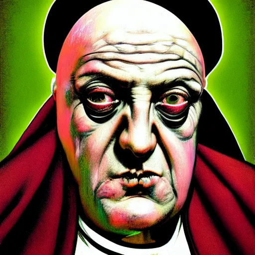 Image similar to graphic illustration, creative design, aleister crowley as a nun, biopunk, francis bacon, highly detailed, hunter s thompson, concept art