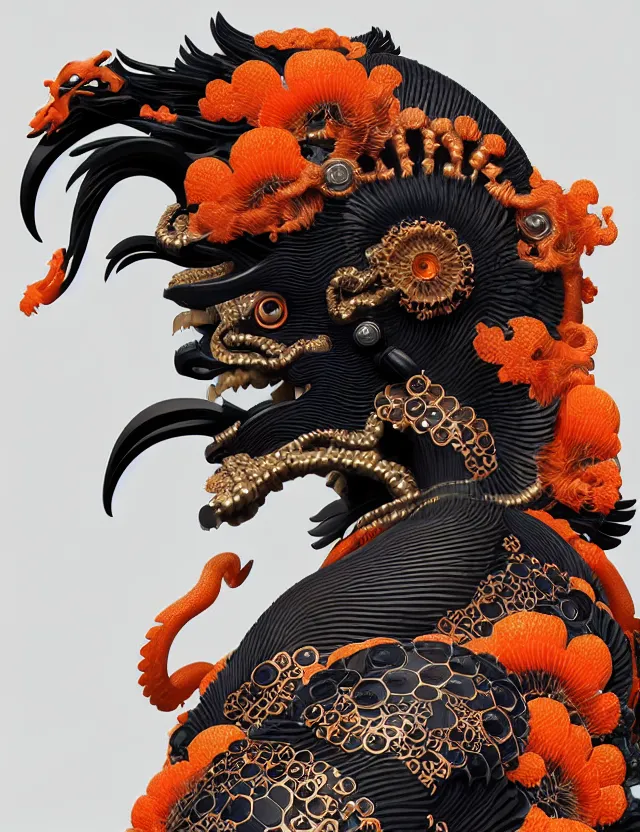 Image similar to 3 d goddess close - up profile portrait biomechanics with ram skull. beautiful intricately detailed japanese crow kitsune mask and clasical japanese kimono. betta fish, jellyfish phoenix, bio luminescent, plasma, ice, water, wind, creature, artwork by tooth wu and wlop and beeple and greg rutkowski. gold black teal and orange color scheme