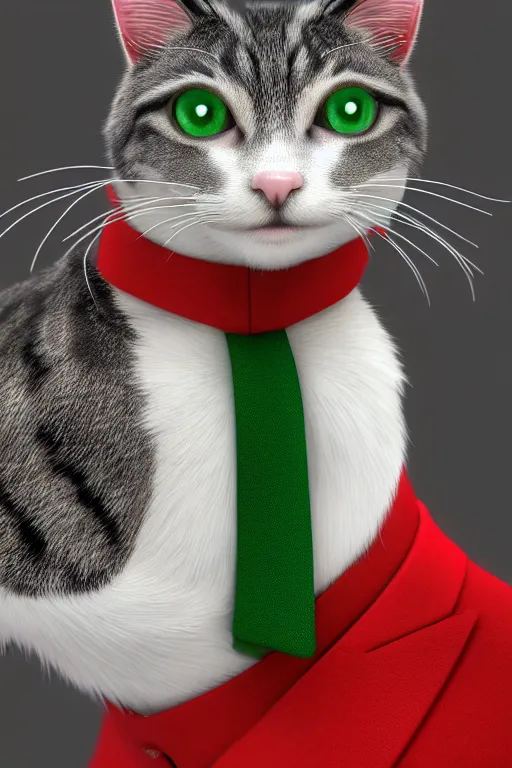 Image similar to a cat wearing a red and green formal overcoat, hyperrealistic, concept art, octane render, unreal engine 5, realistic and defined face, profile picture, digital art, pixar and disney, symmetrical, high quality, highly detailed, high coherence, path traced, house background, low contrast, beautiful