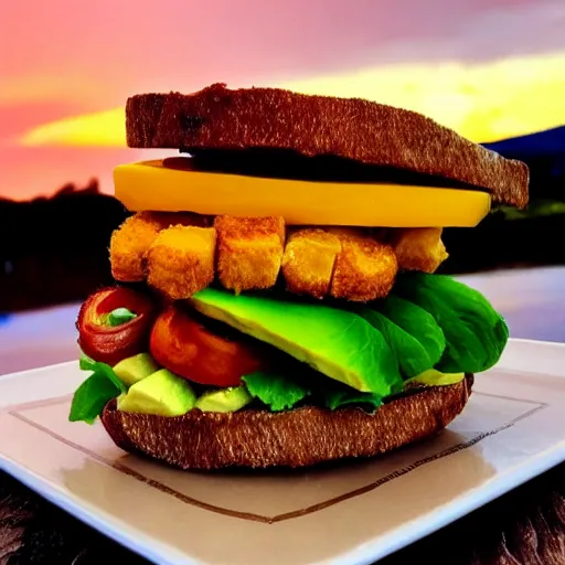 Image similar to sandwich with fried tofu, also one tomato slice, two onion rings, avocado and cheddar, over a dish and over a table, outside with a sunset and rainbow in the background with saturn and stars in the sky