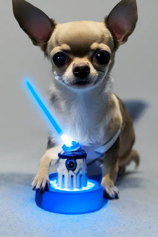 Image similar to a Cíborg Chihuahua with a blue lightsaber. futuristic style.unnreal engine