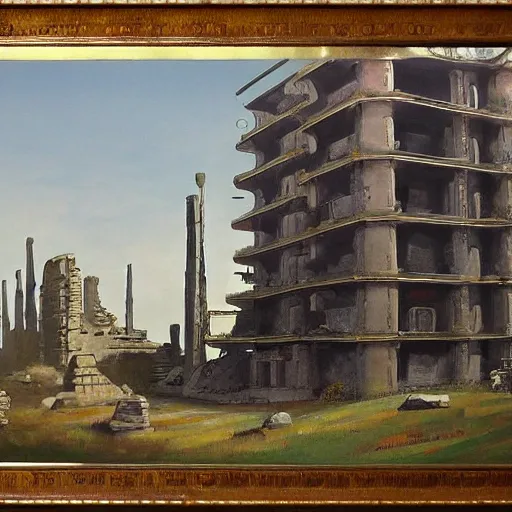Prompt: painting of a scifi ancient civilzation victorian, brutalist architecture, bougeureau